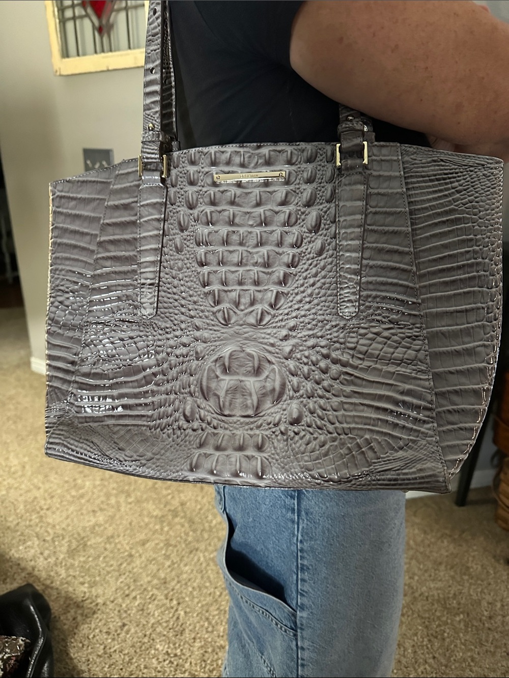 Brahmin Gray Croc-Embossed Leather Tote